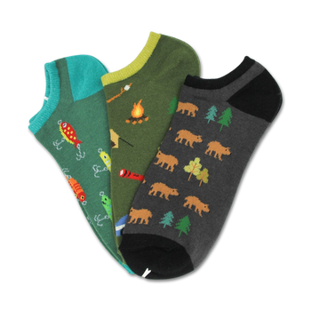 ankle socks, men's with outdoor patterns (fish, worm, bear, tree, camo).  