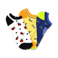 Three pairs of low-cut socks. One pair has ladybugs on a white background, one has bees on yellow, and one has fireflies on navy.