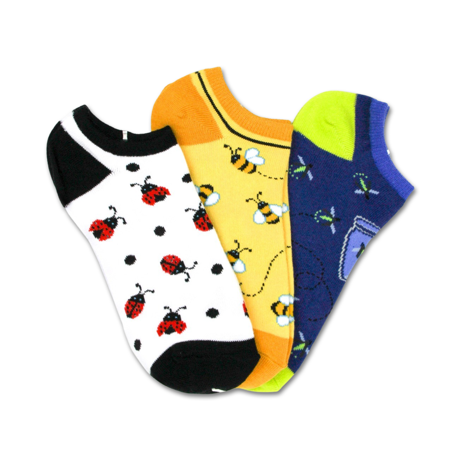 Three pairs of low-cut socks. One pair has ladybugs on a white background, one has bees on yellow, and one has fireflies on navy.
