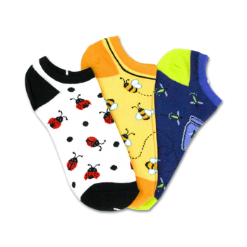 ankle-length socks featuring three bug designs: black ladybugs on white, black and white bees on yellow, and white fireflies in a jar on blue.  