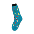 Teal crew socks with a fun design of chili peppers, hot sauce bottles, and the words "Spicy" and "Hot Stuff!"