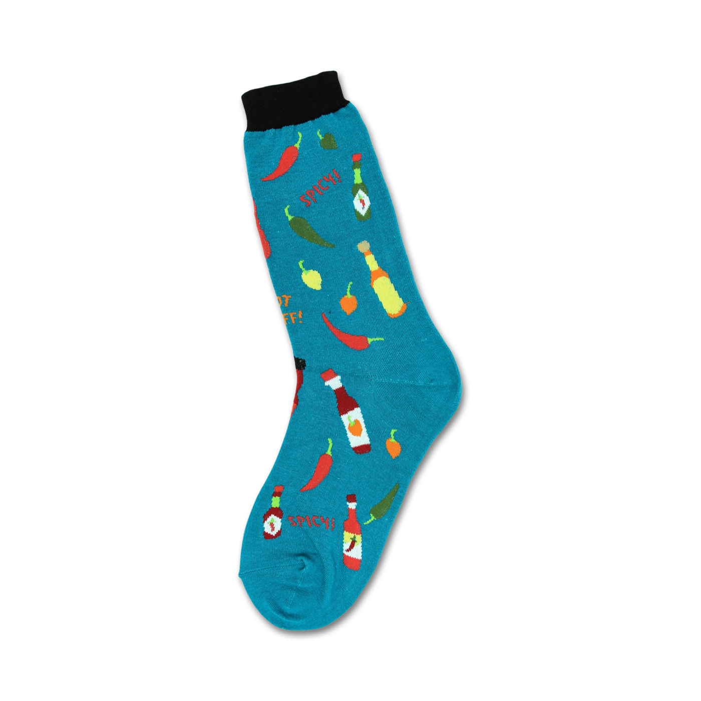Teal crew socks with a fun design of chili peppers, hot sauce bottles, and the words "Spicy" and "Hot Stuff!"