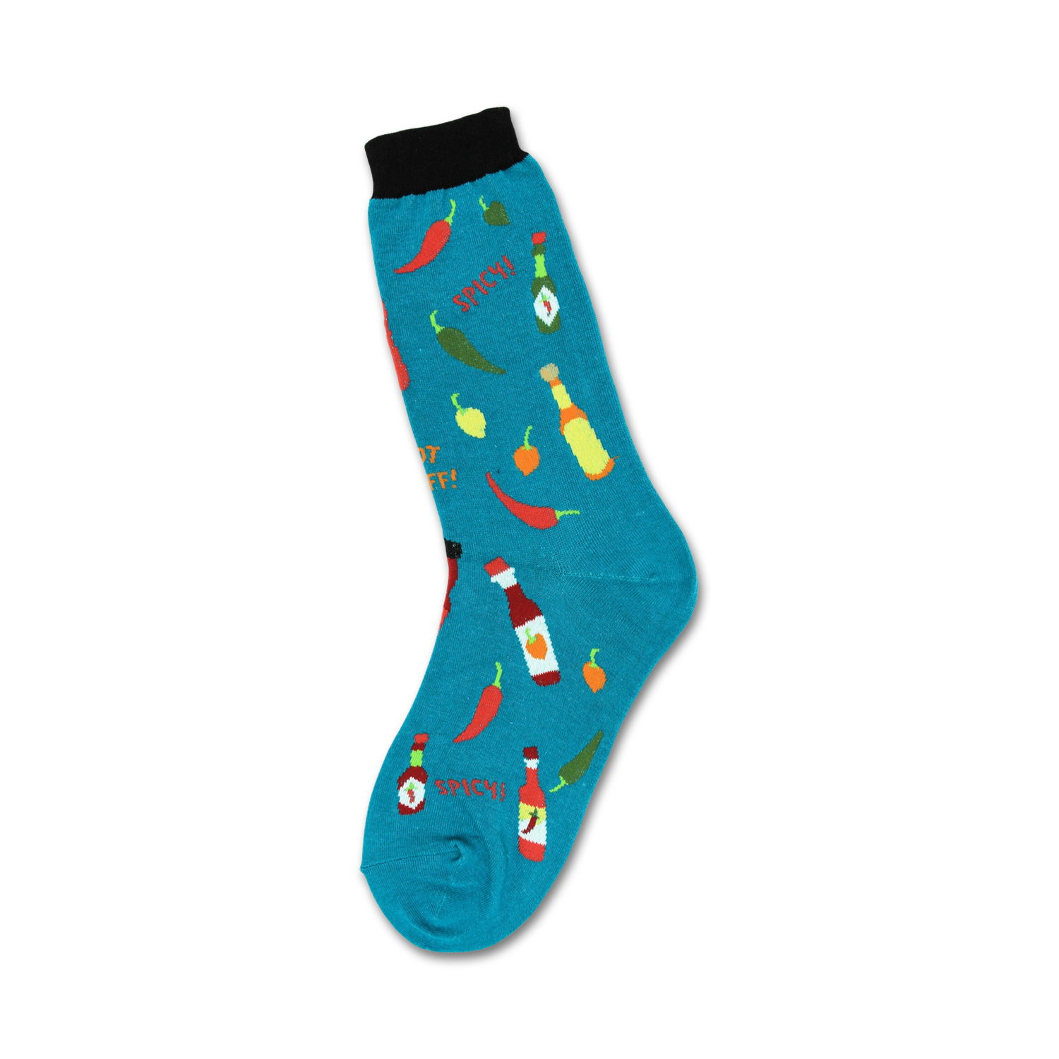 Teal crew socks with a fun design of chili peppers, hot sauce bottles, and the words "Spicy" and "Hot Stuff!"