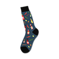 Crew socks in teal with a pattern of colorful hot sauce bottles, chili peppers, and jalapeños.  The words 'Spicy!' are also featured.