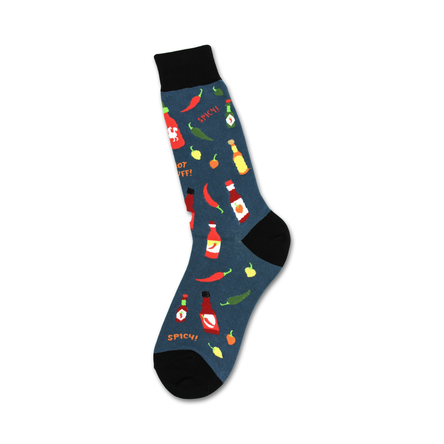 Crew socks in teal with a pattern of colorful hot sauce bottles, chili peppers, and jalapeños.  The words 'Spicy!' are also featured.
