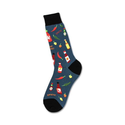 Crew socks in teal with a pattern of colorful hot sauce bottles, chili peppers, and jalapeños.  The words 'Spicy!' are also featured.
