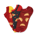 Three pairs of ankle socks: red with hot dogs, black with pizza, and burgundy with tacos. Fun, foodie designs!