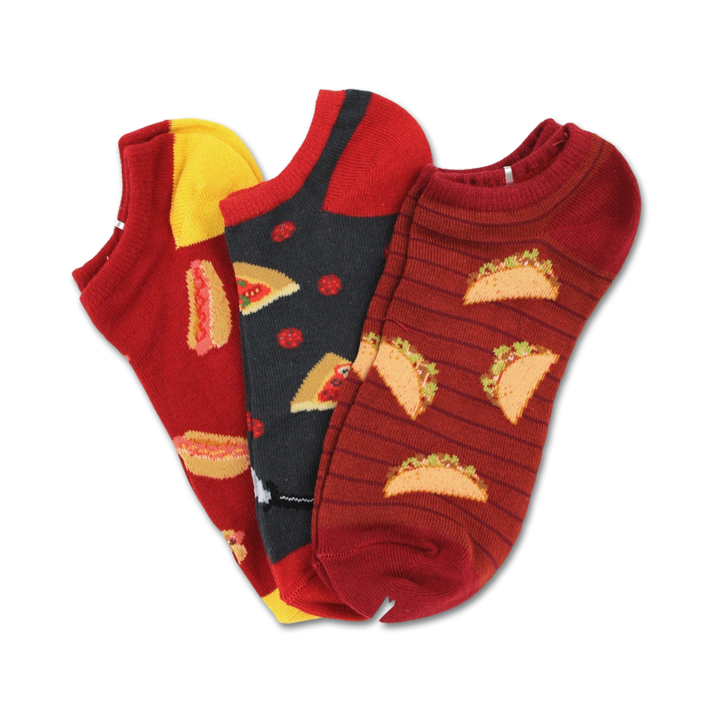 Three pairs of ankle socks: red with hot dogs, black with pizza, and burgundy with tacos. Fun, foodie designs!