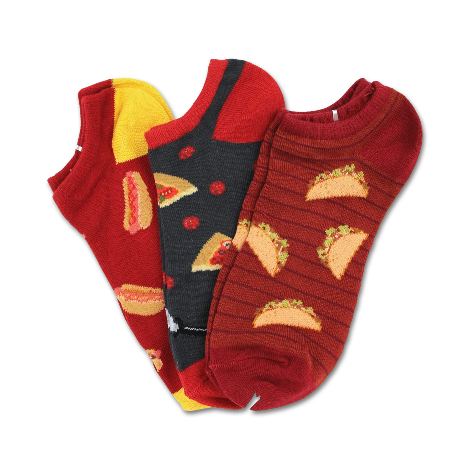 Three pairs of ankle socks: red with hot dogs, black with pizza, and burgundy with tacos. Fun, foodie designs!