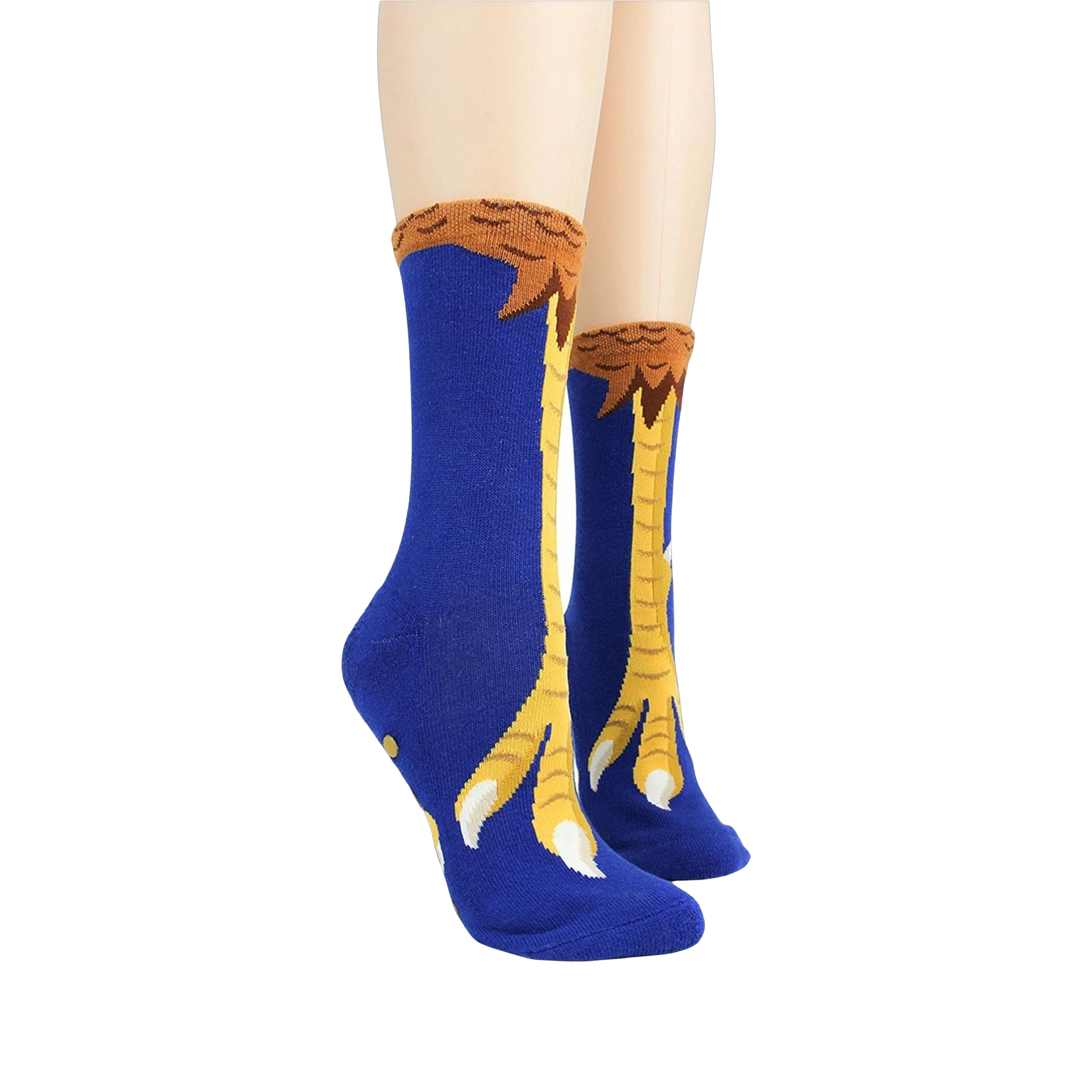Lifestyle shot of Chicken Feet Non-Skid Slipper socks on a model's legs.
