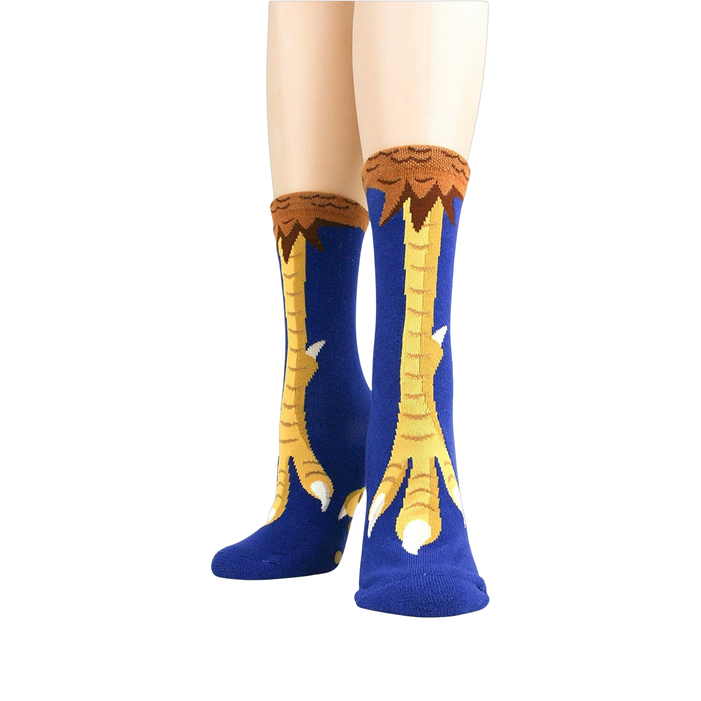 Close-up view of the socks showing the detail of the chicken feet design.