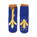 Pair of blue non-skid slipper socks with a playful chicken feet design.  Features yellow and brown accents.