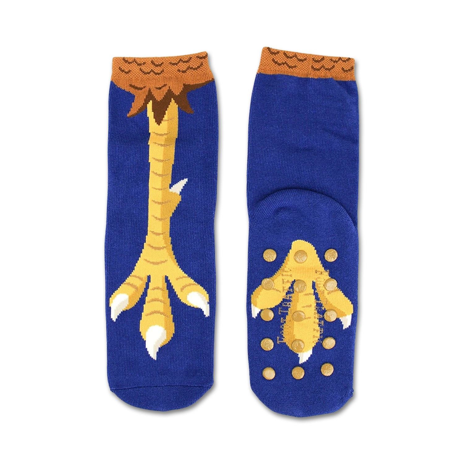 Pair of blue non-skid slipper socks with a playful chicken feet design.  Features yellow and brown accents.