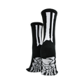 Rear view of model's legs wearing black skeleton socks with grey non-skid bottoms.