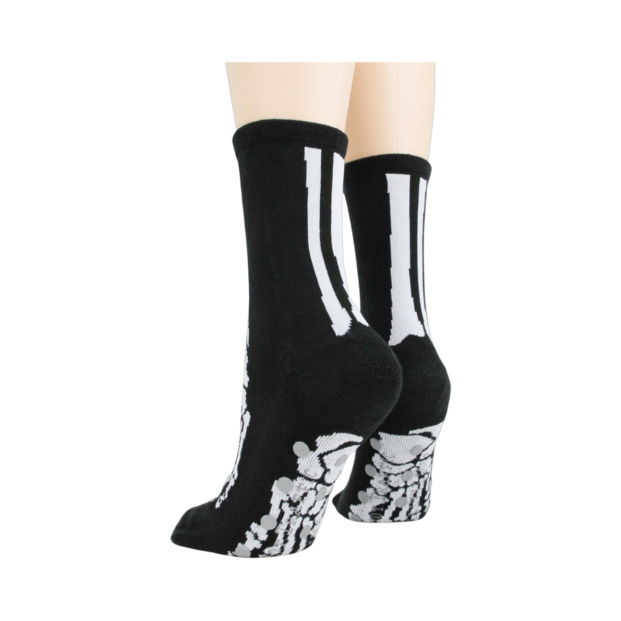 Flat lay image showcasing a pair of black skeleton socks.