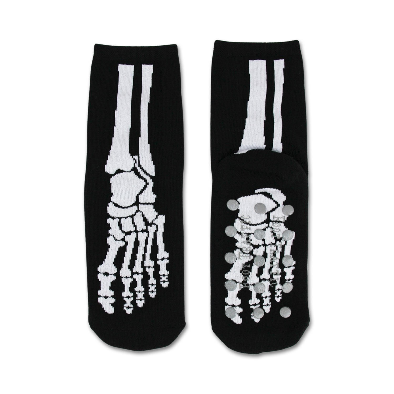 Pair of black non-skid slipper socks with a white skeleton bone design. Grippy dots on the bottom.