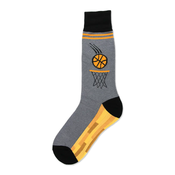 Gray crew socks with an orange basketball going through a hoop and orange stripes along the top and bottom. Black accents at the top and toe.
