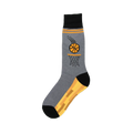 Gray crew socks with an orange basketball going through a hoop and orange stripes along the top and bottom. Black accents at the top and toe.