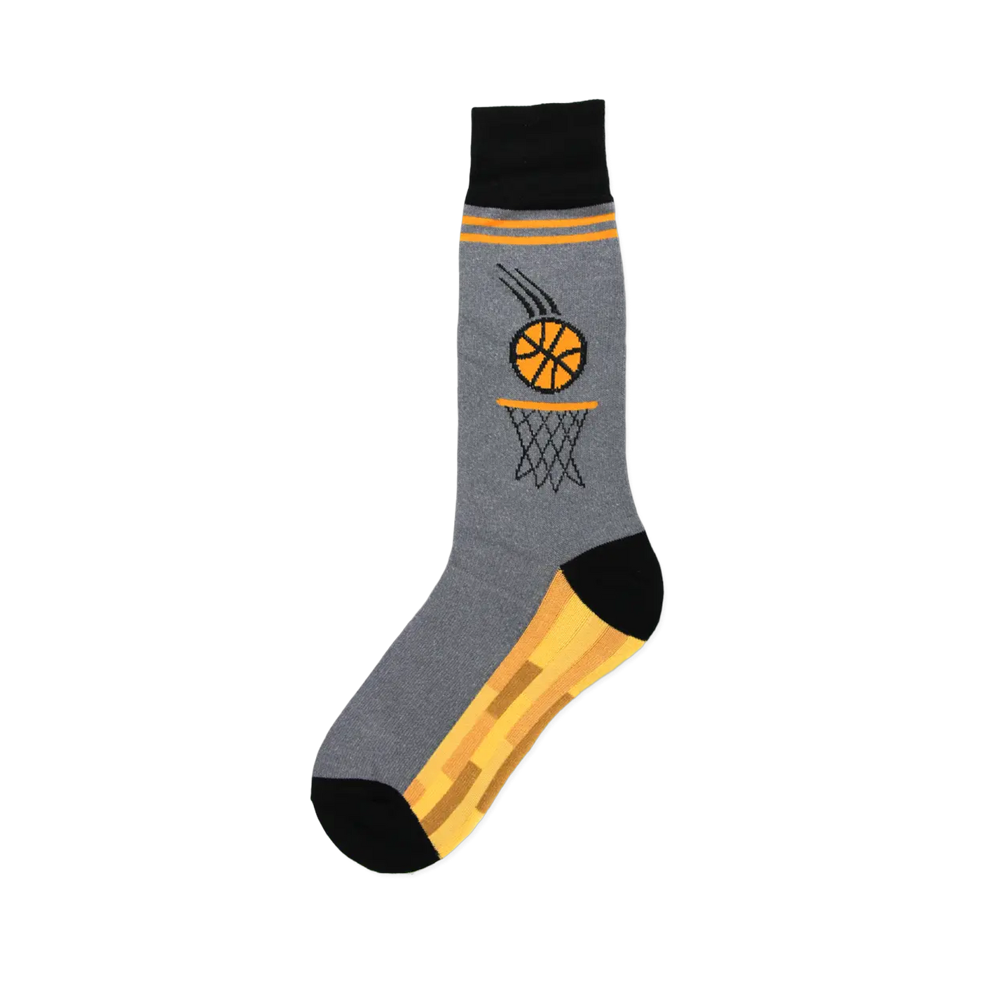 Gray crew socks with an orange basketball going through a hoop and orange stripes along the top and bottom. Black accents at the top and toe.