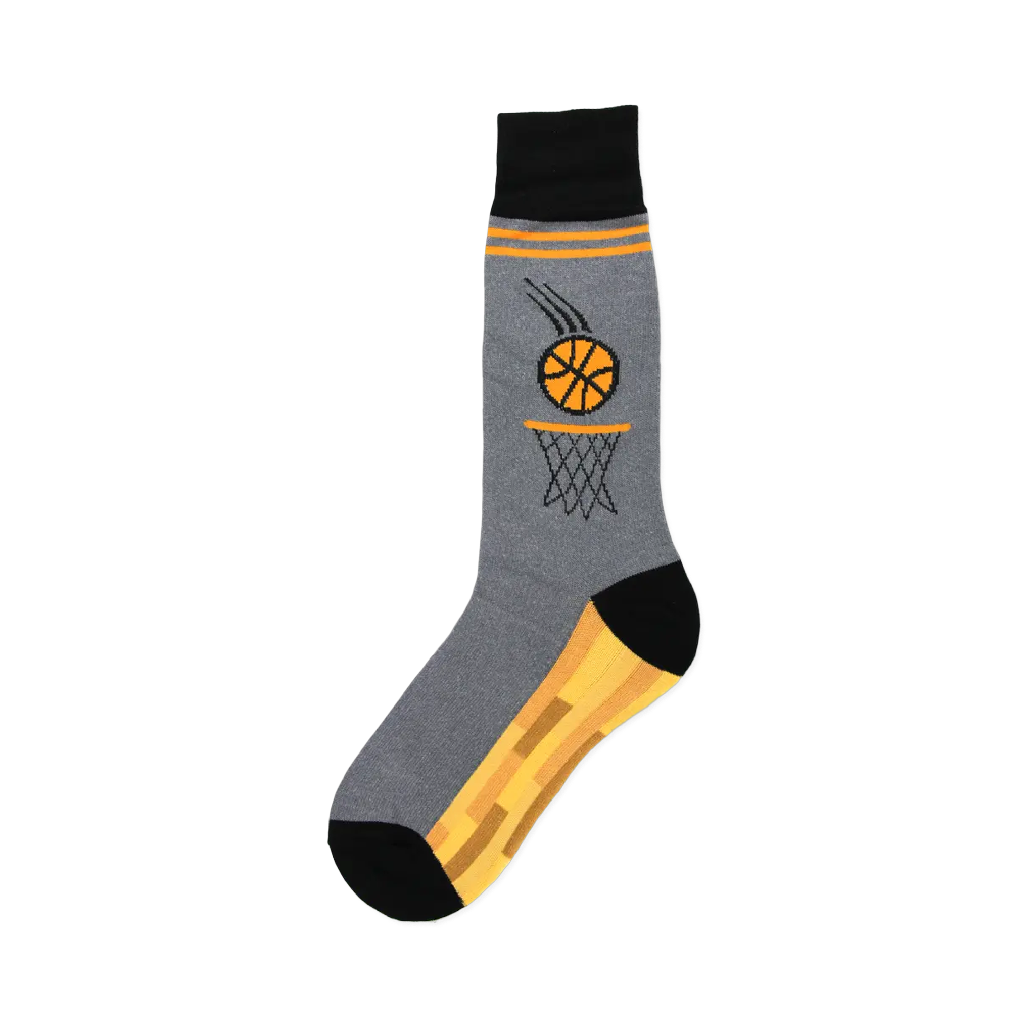 Gray crew socks with an orange basketball going through a hoop and orange stripes along the top and bottom. Black accents at the top and toe.