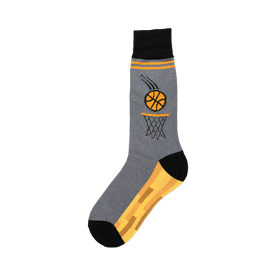 Gray crew socks with an orange basketball going through a hoop and orange stripes along the top and bottom. Black accents at the top and toe.