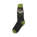 Crew socks in dark gray and olive green, featuring a sloth hanging from a branch with the text 'Phislotophy: Can't reach it- don't need it.'