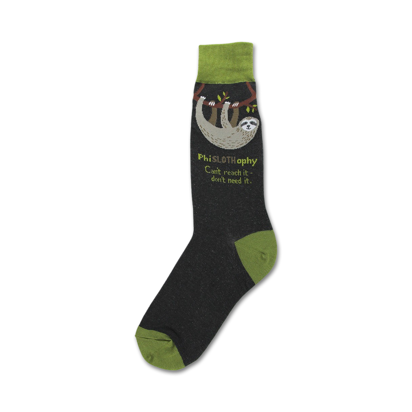 Crew socks in dark gray and olive green, featuring a sloth hanging from a branch with the text 'Phislotophy: Can't reach it- don't need it.'