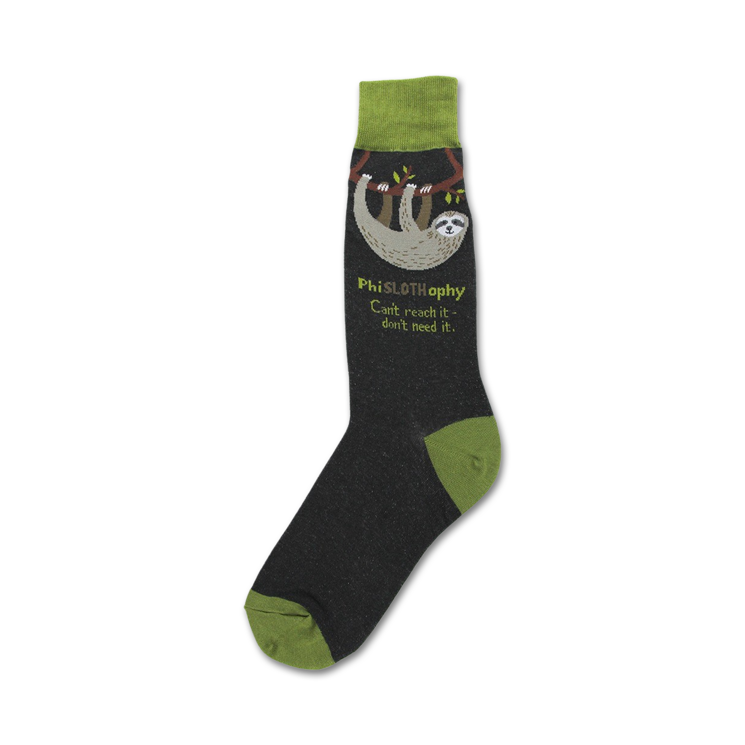 Crew socks in dark gray and olive green, featuring a sloth hanging from a branch with the text 'Phislotophy: Can't reach it- don't need it.'