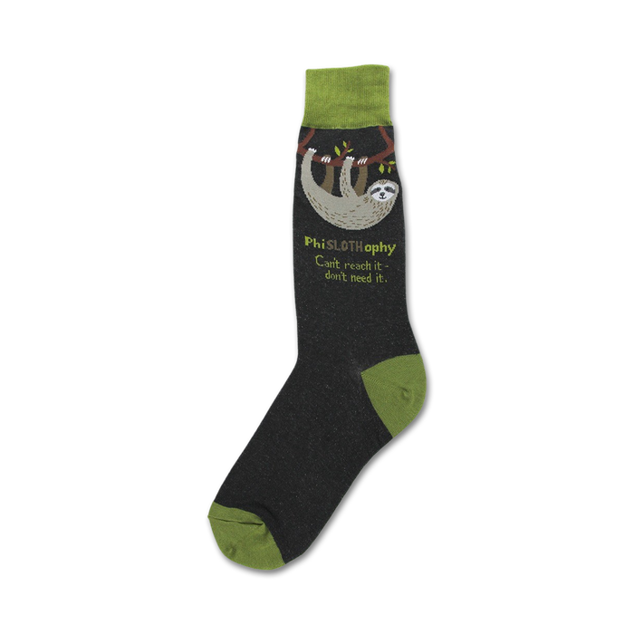 crew socks featuring a hanging sloth, black with green toes, heels and tops, 'phislothophy...can't reach it - don't nee it'   }}