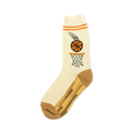 Cream crew socks with orange basketball design and brown heel/toe.  Features a basketball swishing through a net.