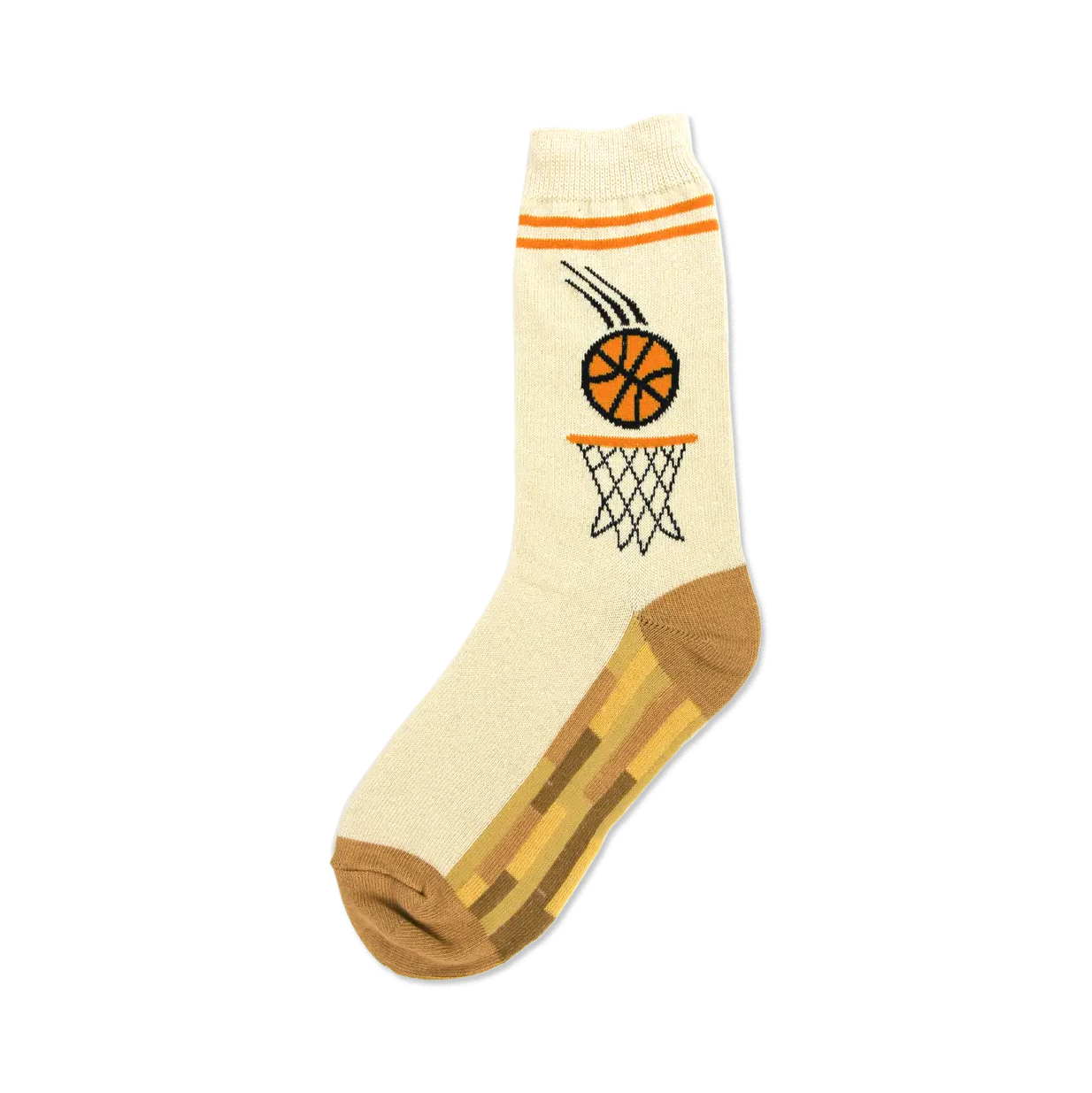 Cream crew socks with orange basketball design and brown heel/toe.  Features a basketball swishing through a net.