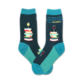 Pair of crew socks in teal and dark gray. Design features a stack of books, wine glasses, and the text 'My Book Club Reads Between the Wines!'
