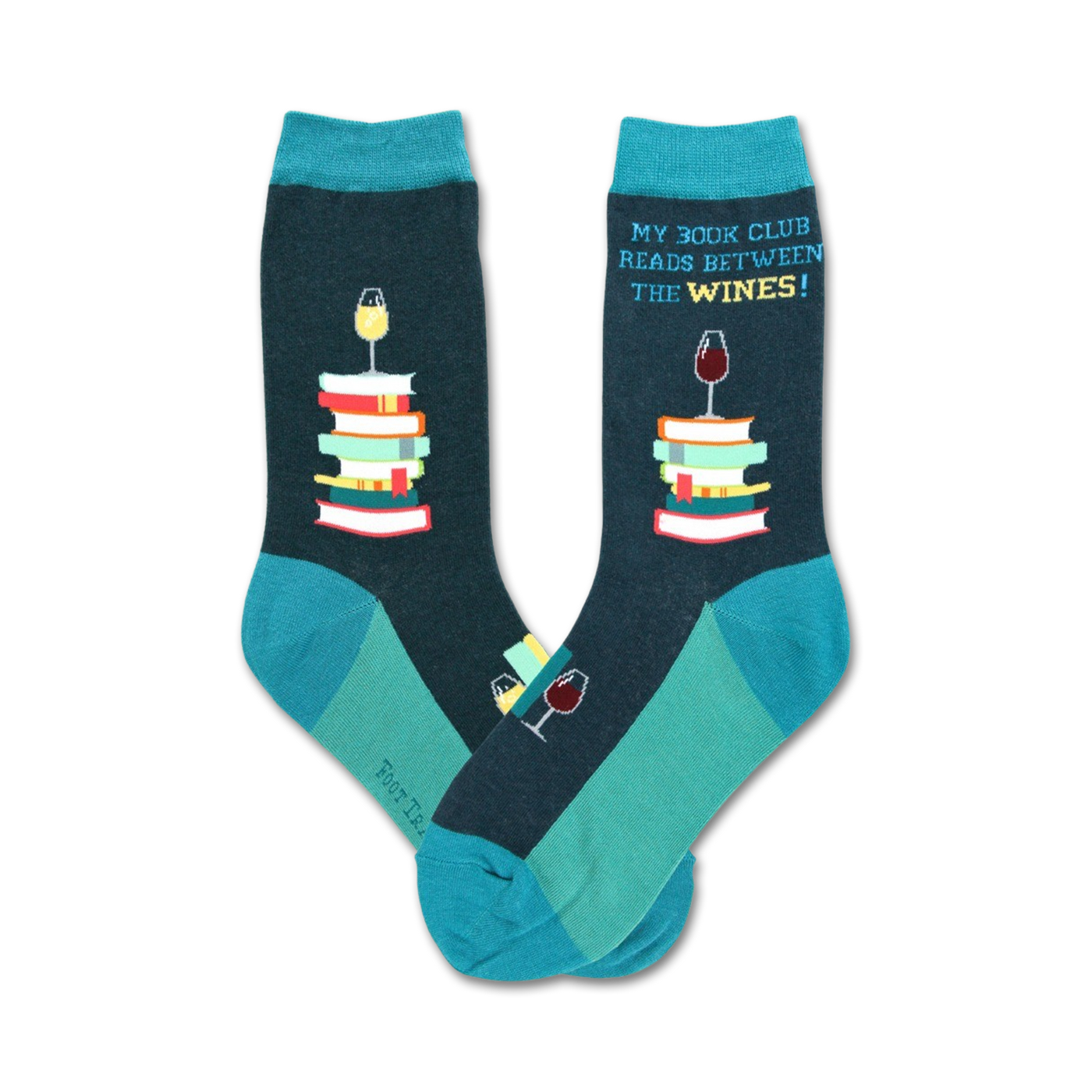 Pair of crew socks in teal and dark gray. Design features a stack of books, wine glasses, and the text 'My Book Club Reads Between the Wines!'