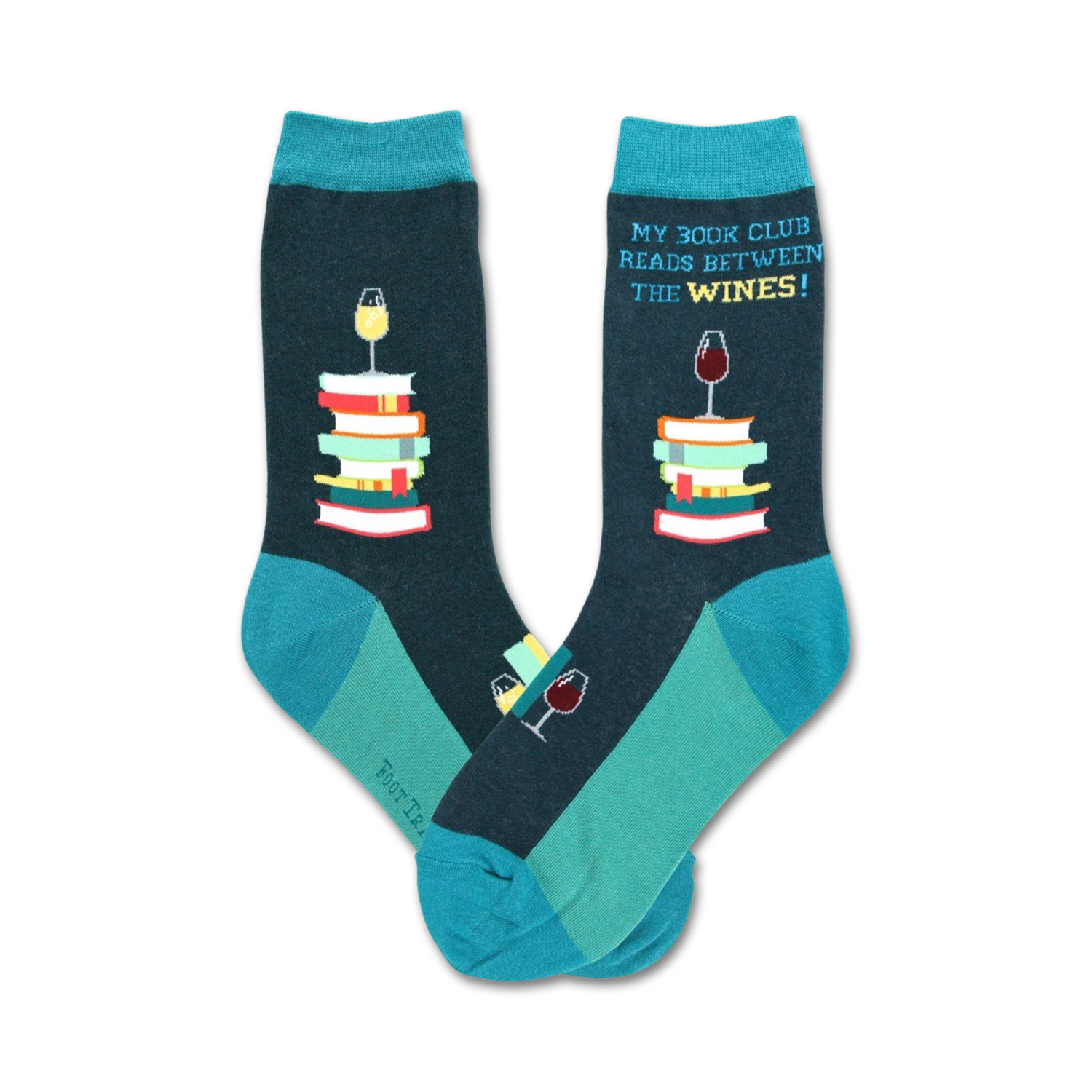 Pair of crew socks in teal and dark gray. Design features a stack of books, wine glasses, and the text 'My Book Club Reads Between the Wines!'