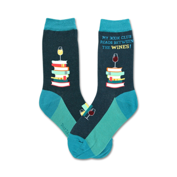 my book club reads between the wines! book themed womens blue novelty crew socks