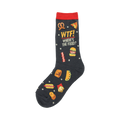 Crew socks, dark grey with red cuff. Features a 'WTF Where's The Food?' text and cartoon drawings of pizza, burgers, fries, and other food.