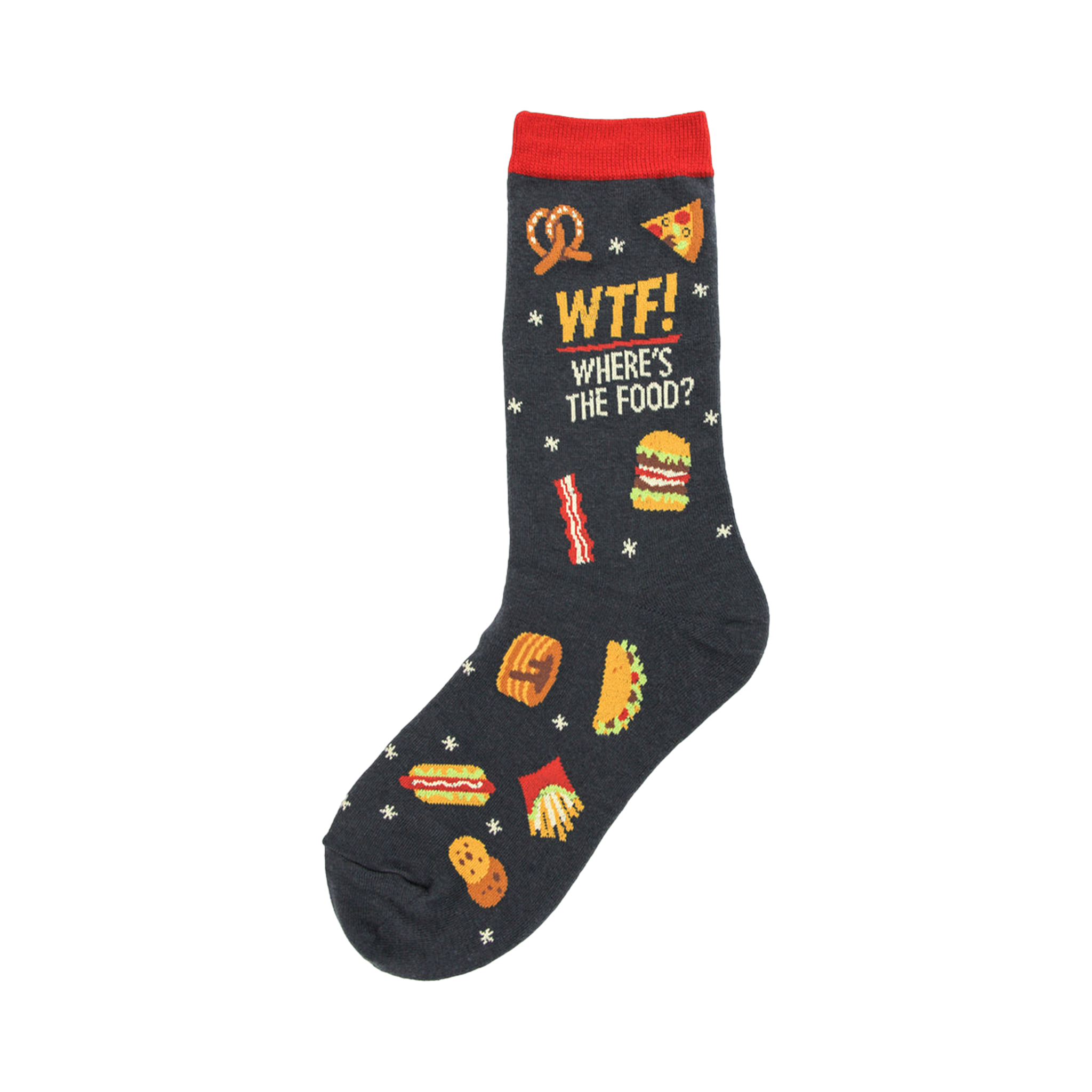 Crew socks, dark grey with red cuff. Features a 'WTF Where's The Food?' text and cartoon drawings of pizza, burgers, fries, and other food.