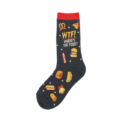 Crew socks, dark grey with red cuff. Features a 'WTF Where's The Food?' text and cartoon drawings of pizza, burgers, fries, and other food.