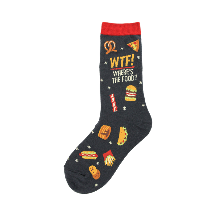 Crew socks, dark grey with red cuff. Features a 'WTF Where's The Food?' text and cartoon drawings of pizza, burgers, fries, and other food. }}