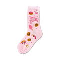 Pink crew socks featuring various pink and brown desserts like ice cream, cookies, and donuts, and the phrase 'Treat Yo Self'.
