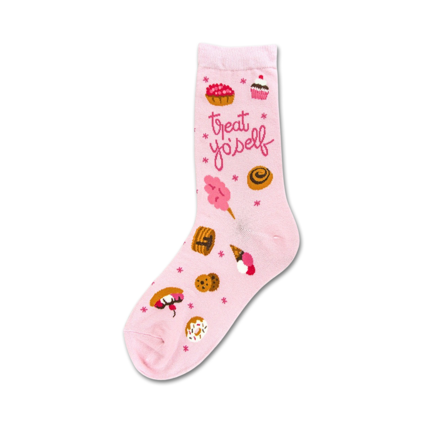 Pink crew socks featuring various pink and brown desserts like ice cream, cookies, and donuts, and the phrase 'Treat Yo Self'.
