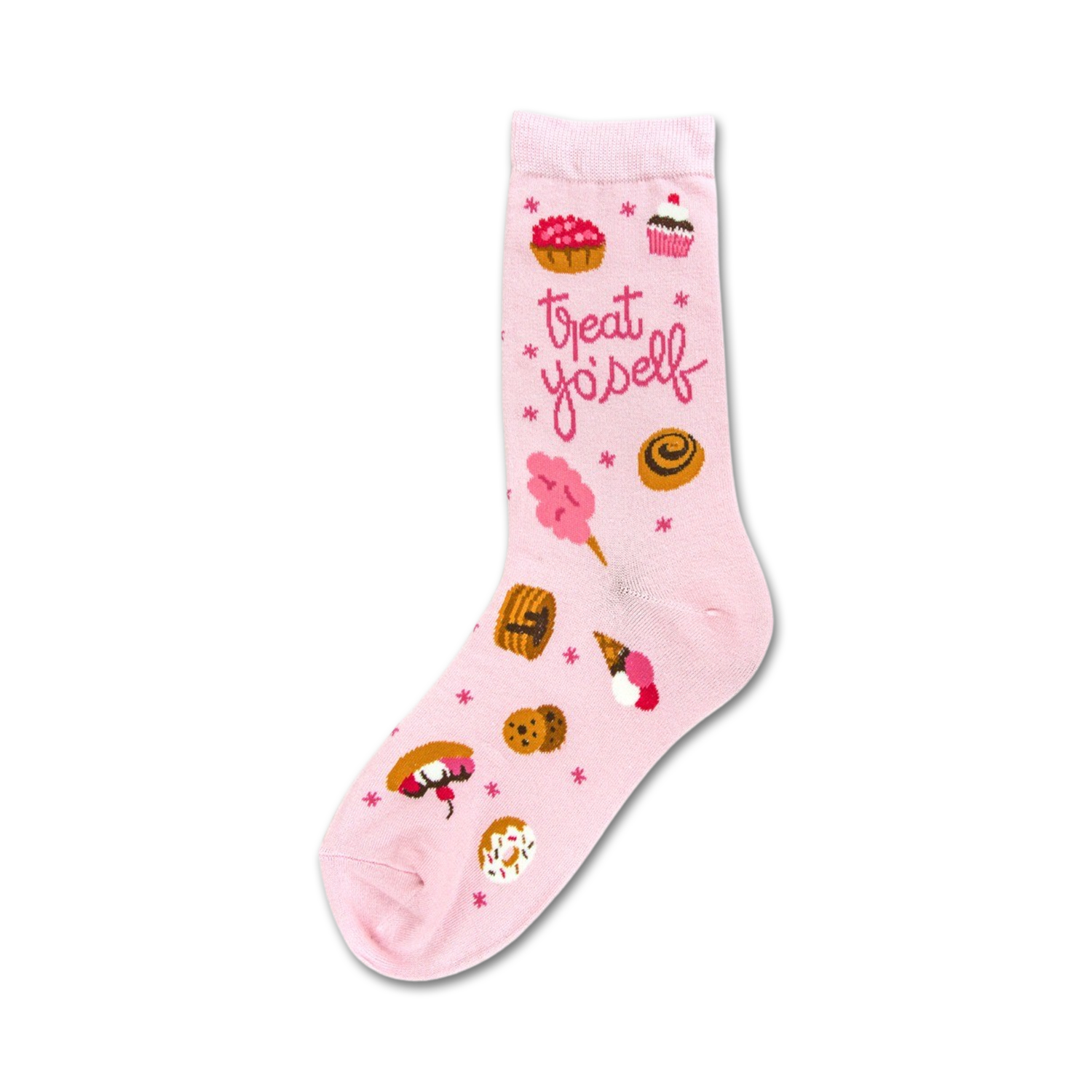 Pink crew socks featuring various pink and brown desserts like ice cream, cookies, and donuts, and the phrase 'Treat Yo Self'.