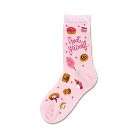 black and pink crew socks for women featuring "treat yo' self" and dessert designs.  