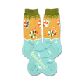 A pair of teal crew socks with a beach scene. The socks show beach umbrellas, sunbathers, and seagulls against a sandy beach background.