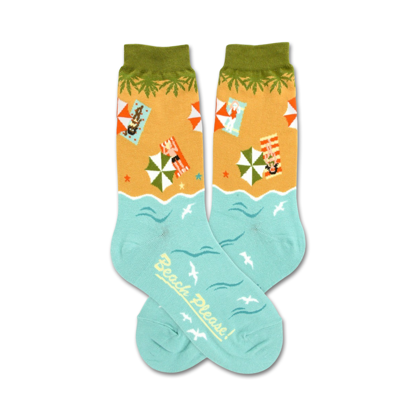 A pair of teal crew socks with a beach scene. The socks show beach umbrellas, sunbathers, and seagulls against a sandy beach background.