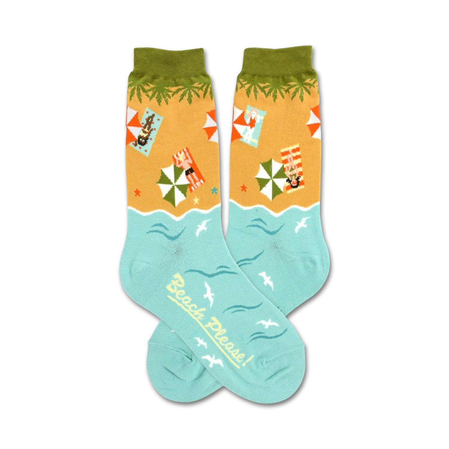A pair of teal crew socks with a beach scene. The socks show beach umbrellas, sunbathers, and seagulls against a sandy beach background.