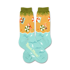 women's crew socks featuring beach-themed pattern with words "beach please" on a blue background with seagulls, women in swimsuits, palm trees and beach umbrellas.  