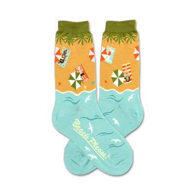 women's crew socks featuring beach-themed pattern with words "beach please" on a blue background with seagulls, women in swimsuits, palm trees and beach umbrellas.  