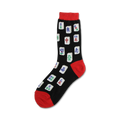 Black crew socks with red cuffs, adorned with colorful Mahjong tile designs. 