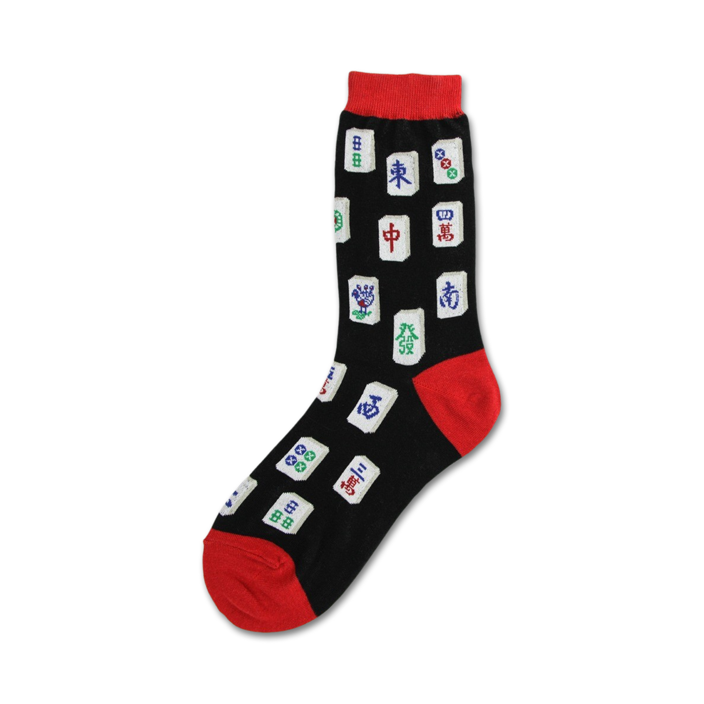 Black crew socks with red cuffs, adorned with colorful Mahjong tile designs. 